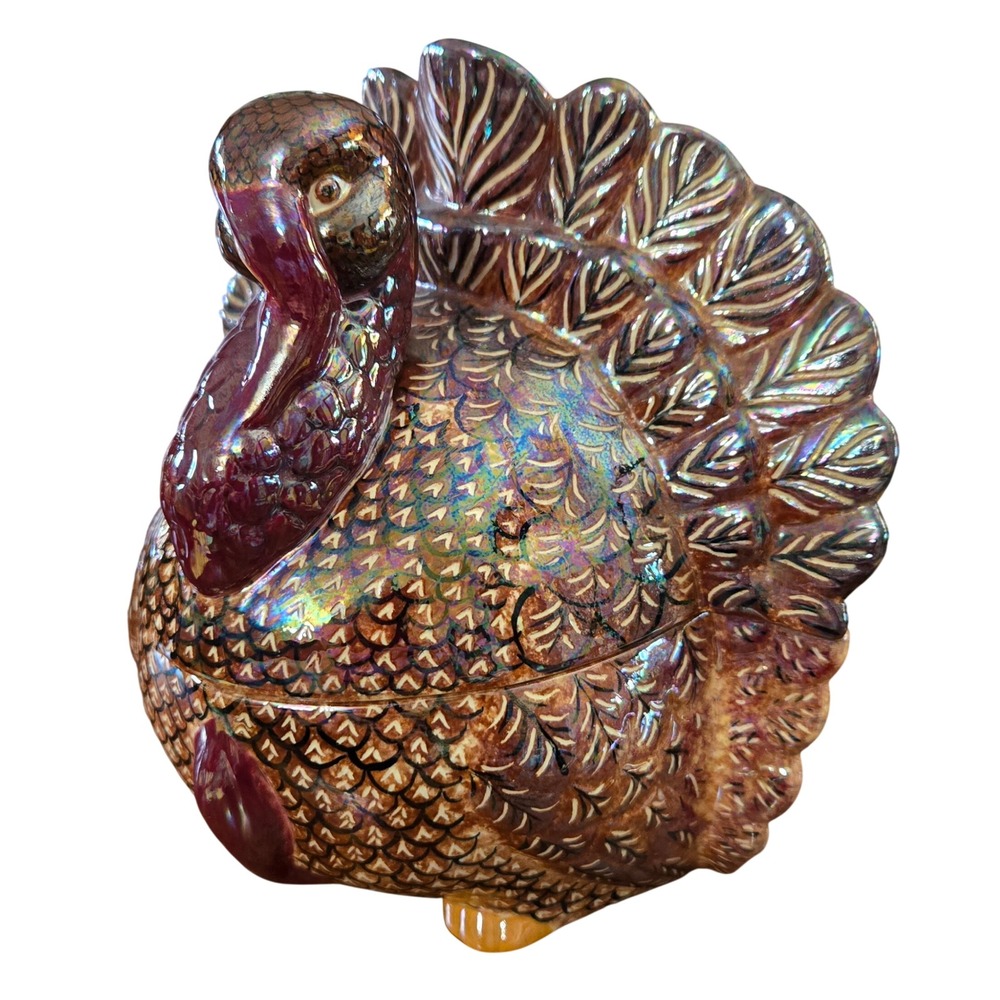 Twylah Signed Iridescent Luster Ceramic Turkey Tureen Candy Dish Thanksgiving 8"